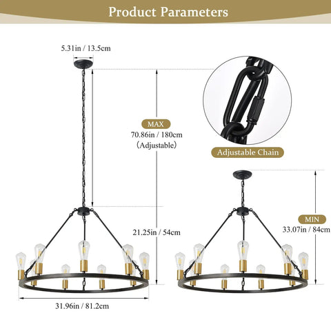 Black And Gold 9 Light Industrial Wagon Wheel Farmhouse Chandelier, Round Rustic Lighting Fixture, with adjustable chain shown
