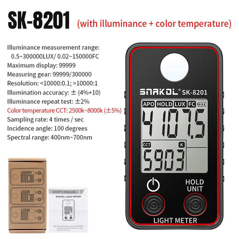 Pro Grade Color Temperature Tester And Illuminance Meter With Ultra Precise 0.5 To 300000 Lux Range LED Illumination Test Meter For Photography And Video Photometric Luminance Measurement Device, SK-8201 display