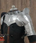 Iron Gorget And Pauldrons Armor Set For Cosplay And LARP displayed on mannequin, silver finish, 18 gauge steel, realistic battle ready