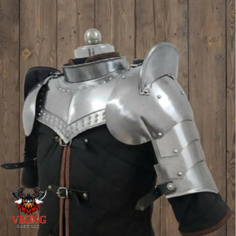 Iron Gorget And Pauldrons Armor Set For Cosplay And LARP displayed on mannequin, silver finish, 18 gauge steel, realistic battle ready