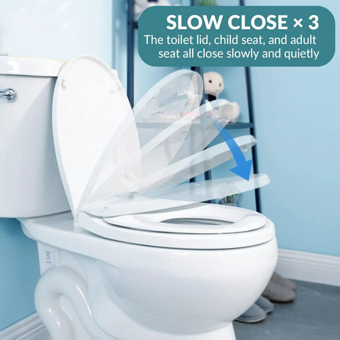 No Sweat Soft Close Square Toilet Seat With Built In Toddler Training Contour demonstrating slow close feature, showing gradual lid closure.