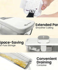 Front view of white Amazon 8-in-1 vegetable chopper mandoline with built-in storage container and multiple blades