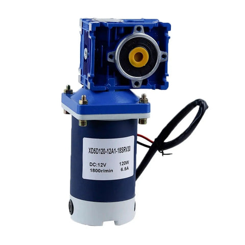 Hella Tough 60W DC Worm Gear Motor With 12V And 24V Hookup featuring compact design and knob speed control for DIY projects.