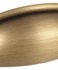 Front view of brushed antique brass cabinet bin cup drawer pull, part of Ten Pack Brushed Antique Brass Cabinet Bin Cup Drawer Pulls For Kitchen And Bath With Two And One Half Inch Hole Centers And Overall Length Three And Five Sixteenths Inches One Inch Wide Projection Three Quarters Inch Includes Mounting Screws.