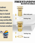 Slick Brass Freestanding Tub Drain Featuring Smooth Pop Up Plug Brushed Gold Hardware Fits Almost Every Standalone Tub Kit detailed parts diagram.