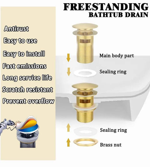 Slick Brass Freestanding Tub Drain Featuring Smooth Pop Up Plug Brushed Gold Hardware Fits Almost Every Standalone Tub Kit detailed parts diagram.