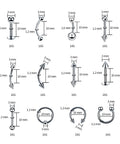 Variety of 14G and 16G silver jewelry from 84 Piece Body Piercing Kit With 14G And 16G Jewelry For Nose Tongue Lip Ear Eyebrow Belly Button Cartilage Tragus Industrial Helix Daith Clamps And Tools Complete Starter Set For Piercing Fans with dimensions and styles. 