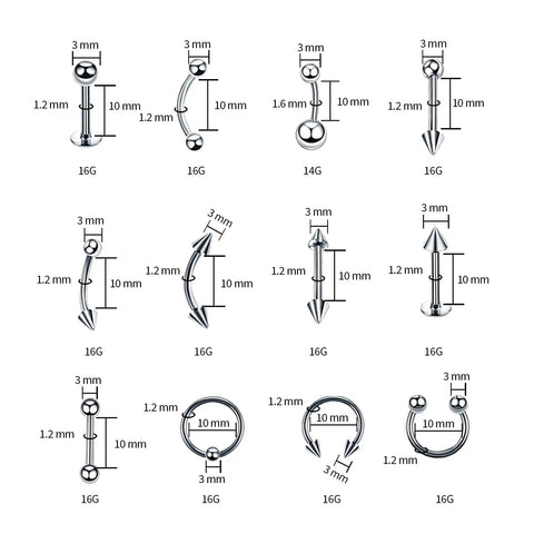 Variety of 14G and 16G silver jewelry from 84 Piece Body Piercing Kit With 14G And 16G Jewelry For Nose Tongue Lip Ear Eyebrow Belly Button Cartilage Tragus Industrial Helix Daith Clamps And Tools Complete Starter Set For Piercing Fans with dimensions and styles. 