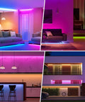 Ultra Bright FCOB RGB LED Strip Light 810 LEDs per meter illuminating living room, kitchen, bedroom, and exterior decor.