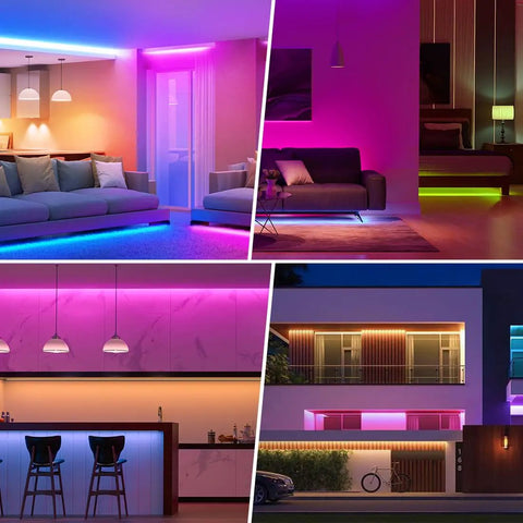 Ultra Bright FCOB RGB LED Strip Light 810 LEDs per meter illuminating living room, kitchen, bedroom, and exterior decor.