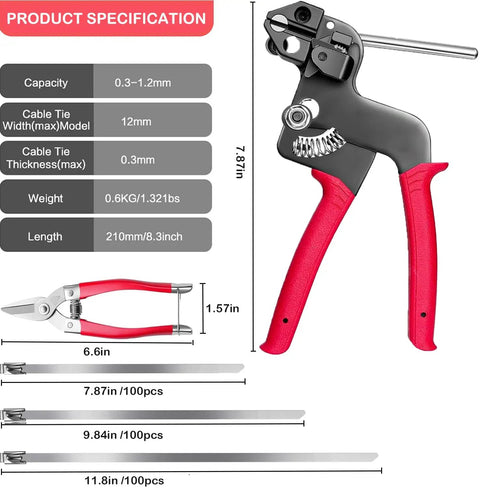 Heavy Duty Cable Tie Gun Kit With 300 Stainless Steel Zip Ties showing gun, cutter, and tie lengths