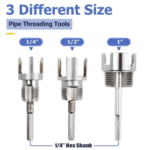 Upgrade Your Plumbing Game With This Electric Drill PVC Pipe Threader, 1/4", 1/2", and 1" high carbon steel pipe threading tools.