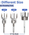3 Piece Internal And External Pipe Threading Tool Kit Dual Function Threader For Pvc Pipes Electric Drill Compatible, sizes 1/4", 1/2", 1".