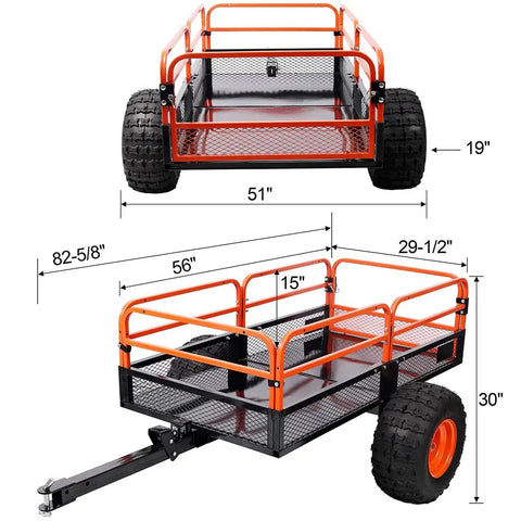 Heavy Duty 1500 Lb Dump Trailer For ATVs And UTVs with dimensions and solid steel bed visible