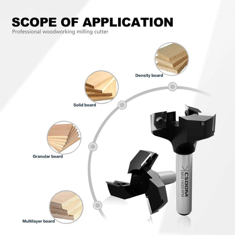 Pro Grade Heavy Duty CNC Spoilboard Surfacing Router Bit With Half Inch Shank And Two Inch Cutting Diameter Three Wing Coated Carbide Inserts Slab Flatting Planer Bit For Woodworking Includes Replacement Blades shown with wood types