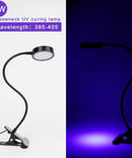 Gooseneck UV Curing Lamp For Resin And Gel Nails, 5W 395nm, USB Powered shown with clip and UV light effect