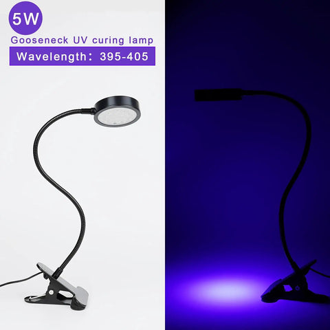 Gooseneck UV Curing Lamp For Resin And Gel Nails, 5W 395nm, USB Powered shown with clip and UV light effect