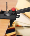 Adjustable Drill Guide Kit For Woodworking With Precision Hole Drilling Durable Plastic Construction Automatic Alignment 3 To 12mm Range Ideal For DIYers And Pros Ready To Tackle Any Project shown installed on wood edge