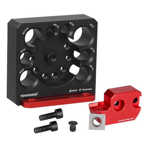 Compact Dowel Cutter Plate With Indexable Carbide Inserts For Drills Eight Imperial Holes From Five Sixteenths To Three Quarters Of An Inch In One Sixteenth Inch Increments Pro Grade Sleek Dowel Maker For Smoother Cuts shown with red attachment and screws.