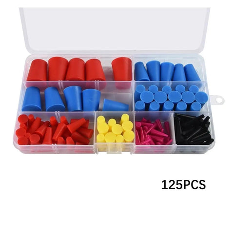 Top Quality Conical Silicone Stopper 125 Piece Assortment Kit For Various Tubing Needs in clear storage box, multicolor