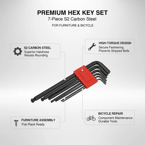 Rock Solid Seven Piece S2 Carbon Steel Hex Key Set, 7-piece hex wrenches for furniture assembly and bicycle repair