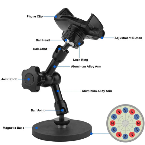Heavy Duty Magnetic Phone Mount For Trucks, Tractors, Forklifts And Boats, Fits 3.5 To 7.5 Inch Smartphones, 360 Degree Adjustable Arm, 3.46 Inch Magnetic Base For Secure On The Go showing parts diagram
