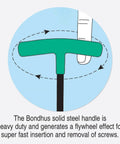 Illustration of a T-handle tool demonstrating rotational movement for the set of 10 Balldriver and Hex T-Handles for 3/32 to 3/8 inch fastener sizes.