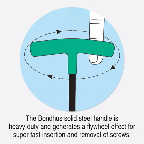 Illustration of a T-handle tool demonstrating rotational movement for the set of 10 Balldriver and Hex T-Handles for 3/32 to 3/8 inch fastener sizes.