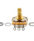 Pro HD A250K and B250K Full Brass 18-Spline Split Shaft Pots for Imported Strat Style Axes and Basses with mounting parts.
