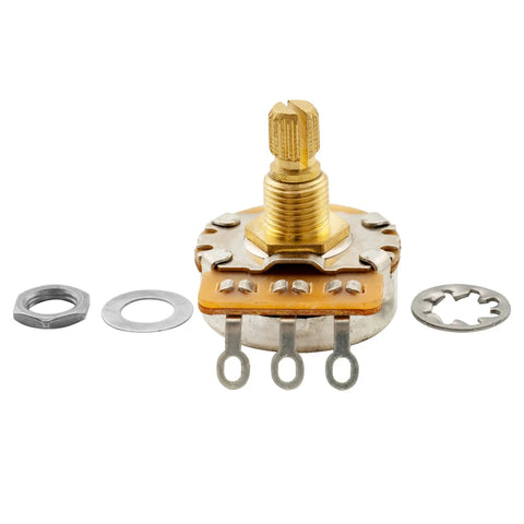 Pro HD A250K and B250K Full Brass 18-Spline Split Shaft Pots for Imported Strat Style Axes and Basses with mounting parts.