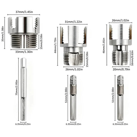 Adastone High Carbon Steel Pipe Threader Kit With 1/2 Inch 3/4 Inch And 1 Inch Taps showing detailed tap sizes and dimensions.