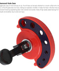 Close-up of red diamond hole saw drill guide with black knob; adjustable 4–12 mm for glass/ceramic tile.