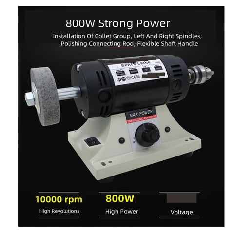 Badass 800W Polishing Machine Bench Grinder Rig with Stepless Speed Control showing 800W motor and flexible shaft.