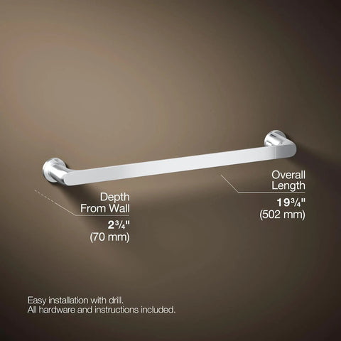 Illustration of Avid 18 Inch Towel Bar in Vibrant Brushed Nickel with dimensions and wall mount design.