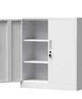 Locking Metal Storage Cabinet With Adjustable Shelves For Home Office And Garage Black Compact Lockable Cabinet With Doors And Door Catch For Secure Storage Heavy Duty Build No Fuss, shown with doors open