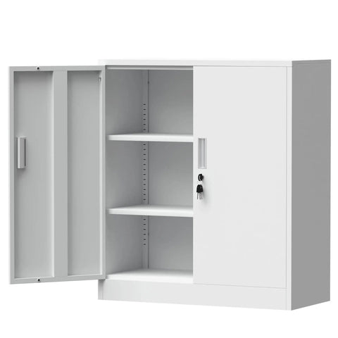 Locking Metal Storage Cabinet With Adjustable Shelves For Home Office And Garage Black Compact Lockable Cabinet With Doors And Door Catch For Secure Storage Heavy Duty Build No Fuss, shown with doors open