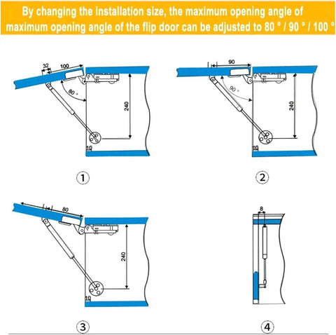 Diagram showing installation angles for 150N Gas Spring Cabinet Hinge Lift Support With Soft Open And Close 6 Inch Telescoping