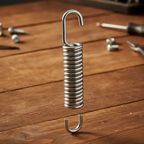 Solid Build 3-5/8 Stainless Steel Recliner Mechanism Tension Spring With Long Neck Hook for furniture repairs on wooden surface.