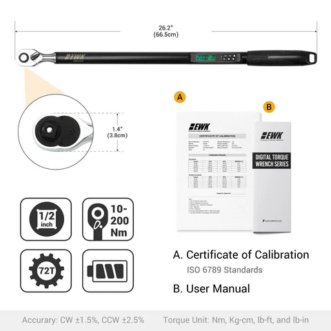 Half Inch Drive Digital Torque Wrench with LED Display and Audible Beep, calibration certificate, user manual shown