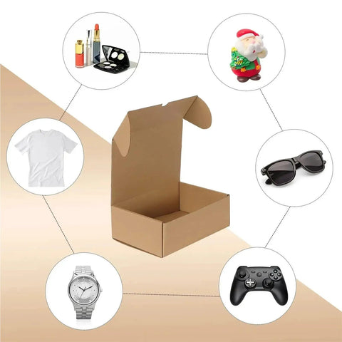 10 Pack Small Brown Corrugated Shipping Boxes For Packing And Mailing 19x11x3 Cm with various items around it