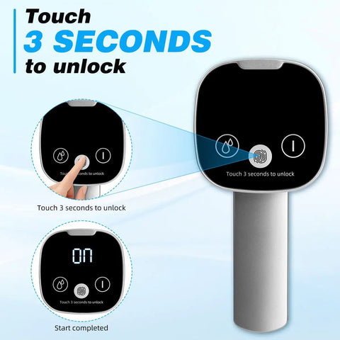 5 Gallon Water Dispenser With Digital Display And USB Powered Pump showing touch interface and unlock instructions.