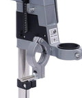 Rugged Workhorse Double Hole Drill Press Stand With No Sweat Depth Adjustment Universal Heavy Duty Aluminum Bench Clamp close-up of adjustable drill mount.