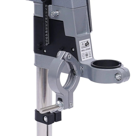 Rugged Workhorse Double Hole Drill Press Stand With No Sweat Depth Adjustment Universal Heavy Duty Aluminum Bench Clamp close-up of adjustable drill mount.