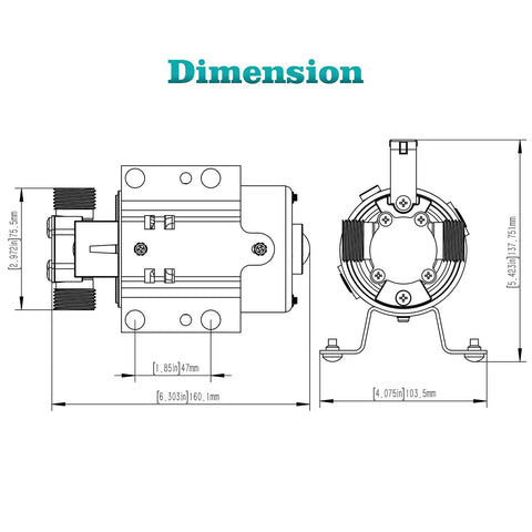 Technical diagram of Water Transfer Pump 115V With Switch, 330 GPH Utility Pump dimensions, showing front and side views.