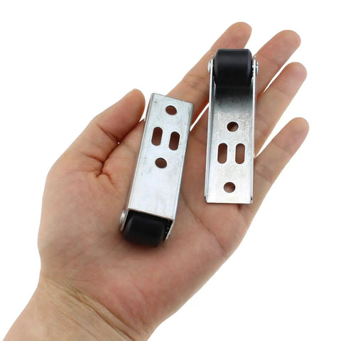 4 Pack Vertical Track Pulley With Screw Mount Sliding Door Repair Casters Built Tough Nylon And Steel Replacement Rollers for cabinet sliders, held in hand.