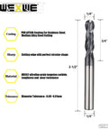 WEXWE ball nose carbide end mill with MAH coating, 1/8 in shank, 2-flute for stainless steel and hardened steels.