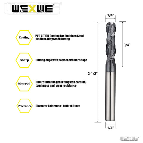 WEXWE ball nose carbide end mill with MAH coating, 1/8 in shank, 2-flute for stainless steel and hardened steels.