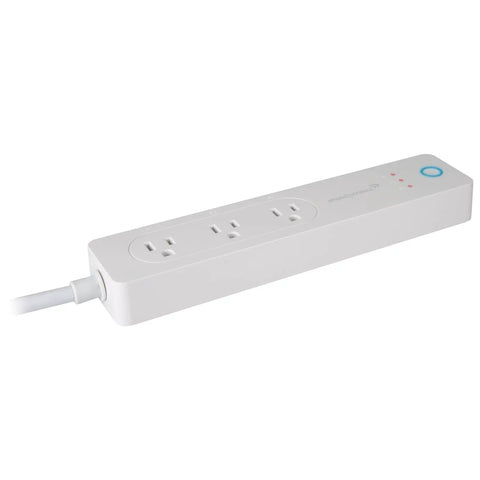 Dead Simple Smart WiFi Power Strip With Instant Voice Control Three Grounded Outlets And Beefy Surge Guard For Foolproof Alexa And Google Home Integration Crisp White, showcasing three outlets and power indicator.