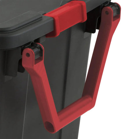 Close-up of red handle on Beefy 40 Gallon Plastic Storage Bins 2 Pack With Durable Lids And Secure Latching Buckles Stackable Heavy Duty Totes