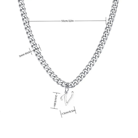 Unisex A-Z Initial Necklace In Stainless Steel, Cuban Link Chain, 21 Inch Length, showing letter pendant with measurements